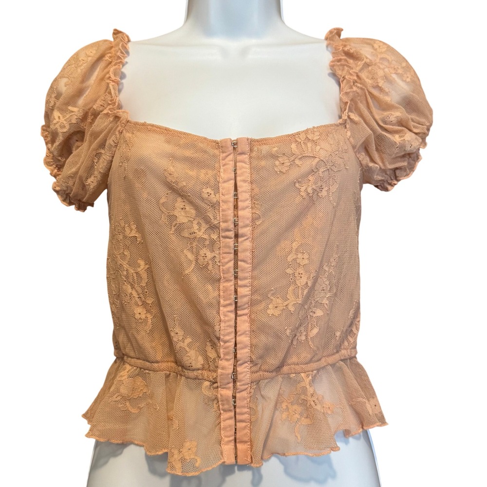 Sheer Lace Milkmaid Top S Peach Peplum Puff‎ Sleeve Coquette Corset Fairy Pastel